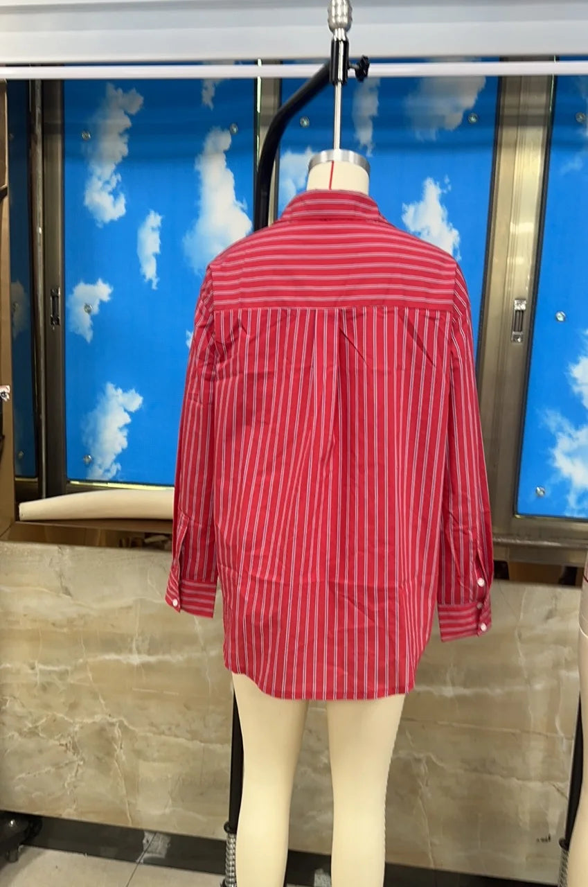 VacationGrabs Women Spring Button Down Shirt Pinstripe Loose Fit Long Sleeve Button Up Shirt Wide Collar Casual Tops Workout Shirts
