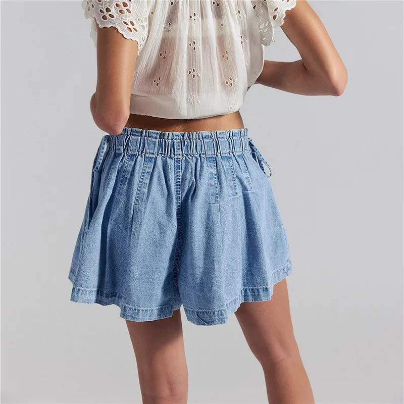 VacationGrabs Women Y2K Retro Pleated Denim Shorts High Waist Elastic Waist Wide Leg Casual Shorts with Drawstring Pockets Streetwear