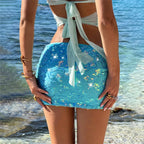 VacationGrabs Women Sparkly Sequined Mesh Ruched Skirt Low Waist Bodycon Beach Cover Up Sheer Wrap Mini Skirt Swimwear For Summer