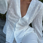 VacationGrabs Women's Fall Button Up Blouse Casual Loose Fit Stylish Embroidered Solid Color Eyelet V Neck Long Sleeve Tops