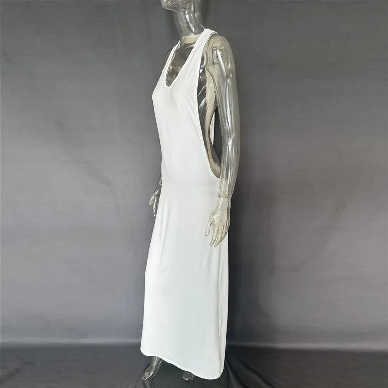 VacationGrabs Women Halter Neck Backless Maxi Dress Side Cutout Sleeveless Bodycon Long Dress Metal Buckle Detail Evening Party Gown
