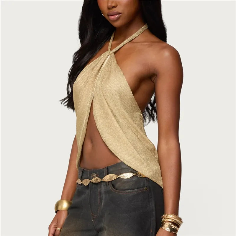 VacationGrabs Women Y2K Sparkly Split Front Top Sleeveless Backless Halter Neck Crop Tank Top Summer Party Club Camisole Vest
