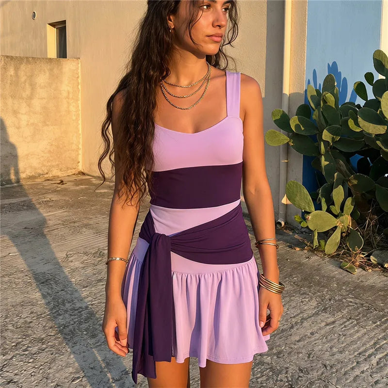 VacationGrabs Summer Color Block Mini Dress Women Wide Strap Sweetheart Neck Side Sash Tie Fake Two Piece Skort Dress Beach Vacation