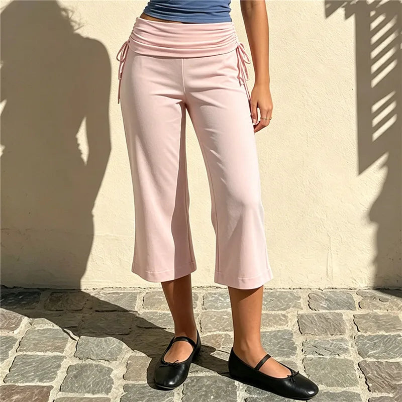 Women Vintage Y2K Capri Pants Low Waist Fold Over Design Tie Detail Drawstring 3/4 Length Slim Casual Cropped Street Pants