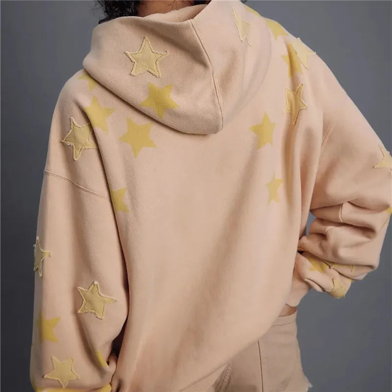 VacationGrabs American Casual Oversized Star Patch Hoodie Women Vintage Loose Drop Shoulder Kangaroo Pocket Everyday Street Sweatshirt