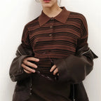 VacationGrabs Striped Sweater Women Long Sleeve Button Front Pullover Casual Crew Neck Tops Pullover Sweatshirt Fall Winter Outwear