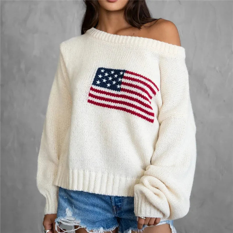 VacationGrabs Off Shoulder American Flag Knit Sweater for Women Long Sleeve Oversized Fit Casual Streetwear Pullover for Fall Winter