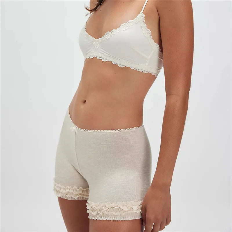 VacationGrabs Women's Summer Casual Pajama Shorts Elastic Waistband Ruffle Trim Slim Fit Lounge Shorts Solid Yoga Sportwear