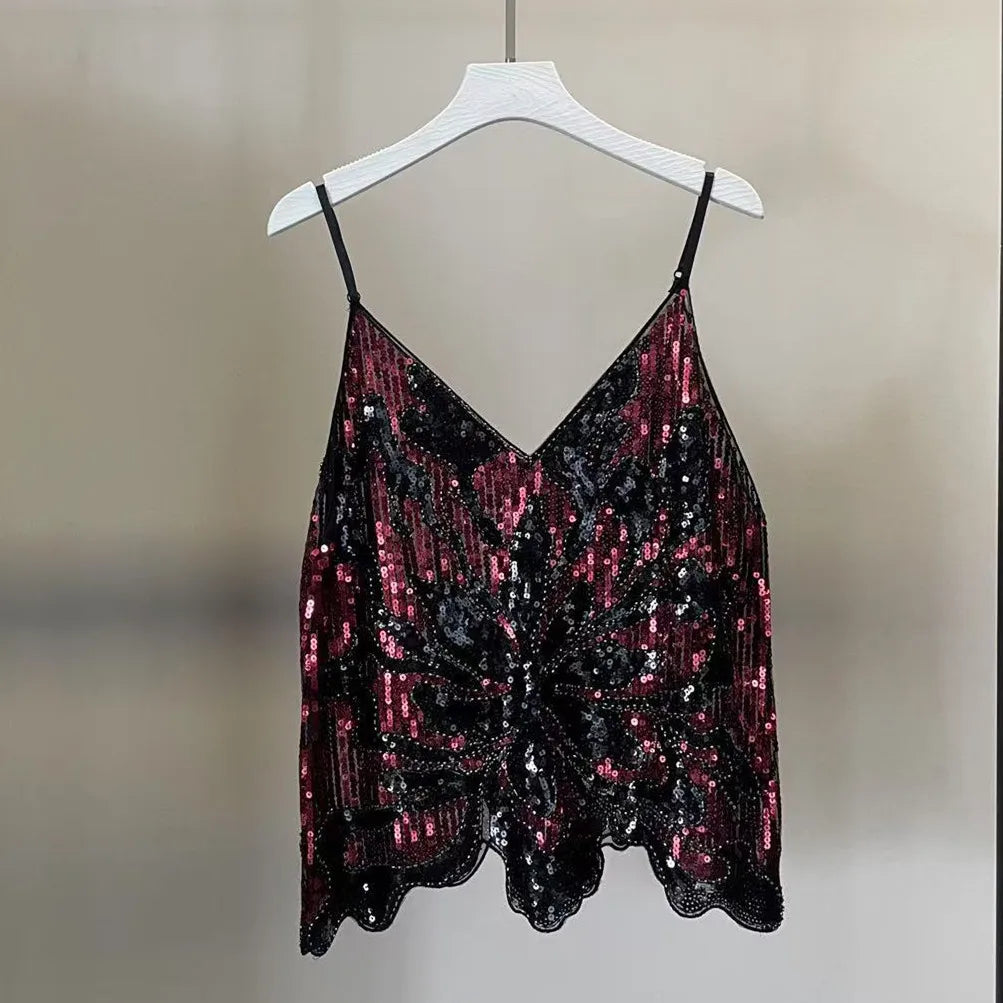 VacationGrabs Women Sexy Bead Mesh Cami Tops Women Silver Sequined Tanks Vest Summer Femme Bling Shiny Tanks Tops Party Clubwear