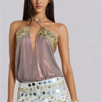 VacationGrabs Summer Sheer Backless Tie Up Halter Camis Sequin Patchwork Split Front Crop Top Sexy Women Beach Sleeveless Shirt Vest
