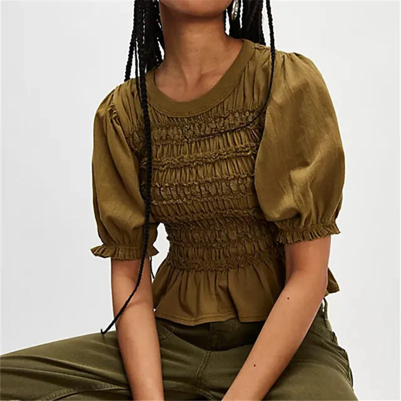 Women Shirred Peplum Shirt Y2K Ruffle Puff Short Sleeve Crew Neck Slim Fitted Crop Top Summer Smocked Going Out Blouse