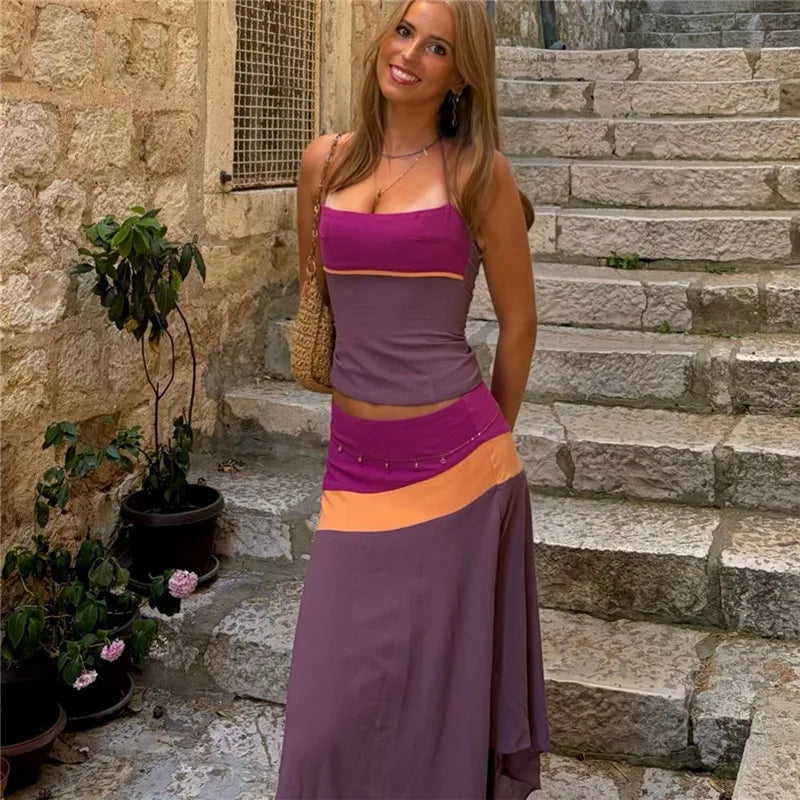 VacationGrabs Women Color Block Halter 2 Piece Set Lace‑Up Back Corset Top Asymmetrical Maxi Skirt Summer Party Beach Matching Outfit