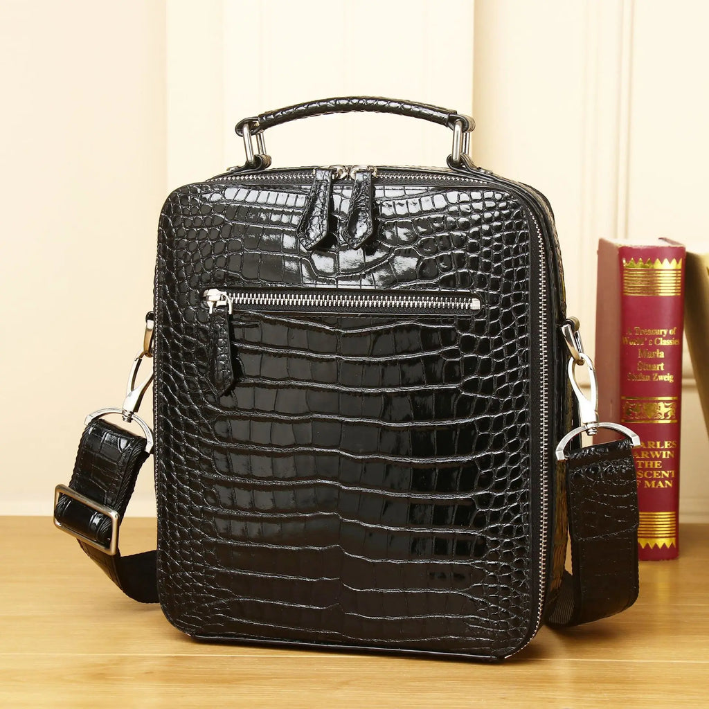Men's Genuine Leather Alligator-Pattern Shoulder Satchel – Vintage Bag with Tablet Pocket