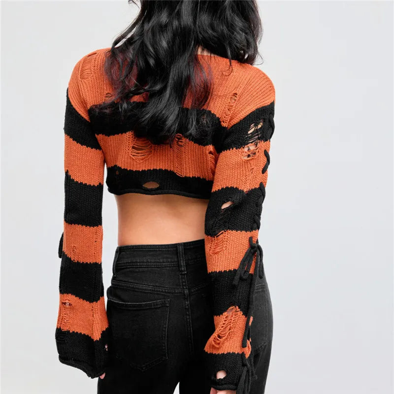 VacationGrabs Y2K Punk Distressed Striped Crop Knit Sweater Women Cross Lace Up Side Long Sleeve Ripped Hole Gothic Streetwear Top