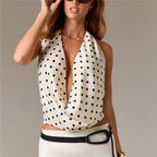 VacationGrabs Women’s Satin Halter Tank Tops Summer Fashionable Dot Print Cowl Neck Backless