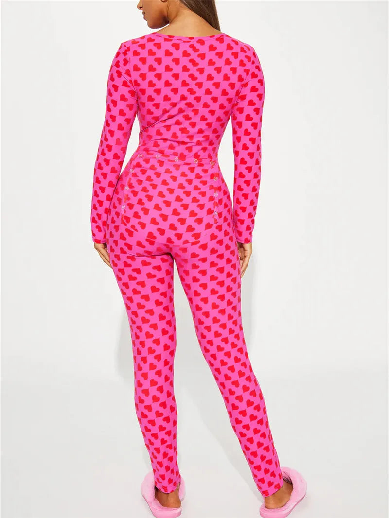 VacationGrabs Women Valentines Sexy Heart Print Long Sleeve Slim Fit Romper Pajamas Holiday Bodycon Button Up Jumpsuit Cute Pjs