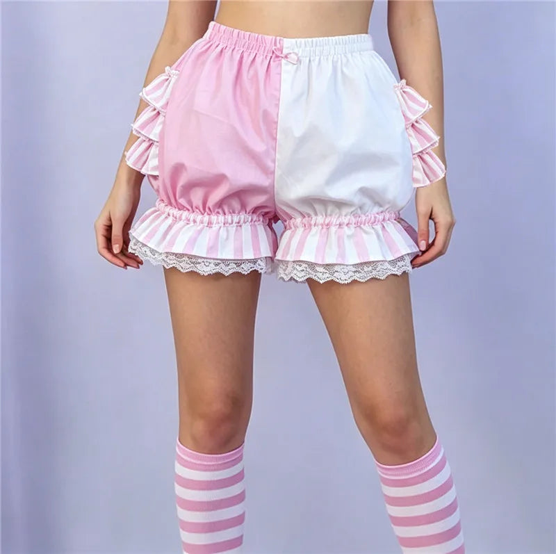 VacationGrabs Lolita Women Bloomers Shorts Color Block Patchwork Ruffle Lace Elastic Waist Pumpkin Pantalettes Sweet Cosplay Bottoms