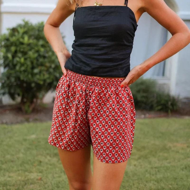 VacationGrabs Women's Summer Casual Shorts Stripe Floral/Stripe Animal Print Elastic Waist Straight Leg Loose Short Pants