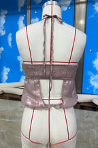 VacationGrabs Summer Sheer Backless Tie Up Halter Camis Sequin Patchwork Split Front Crop Top Sexy Women Beach Sleeveless Shirt Vest