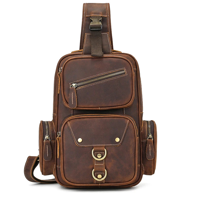 Men's Vintage Crazy Horse Leather Sling Chest Bag