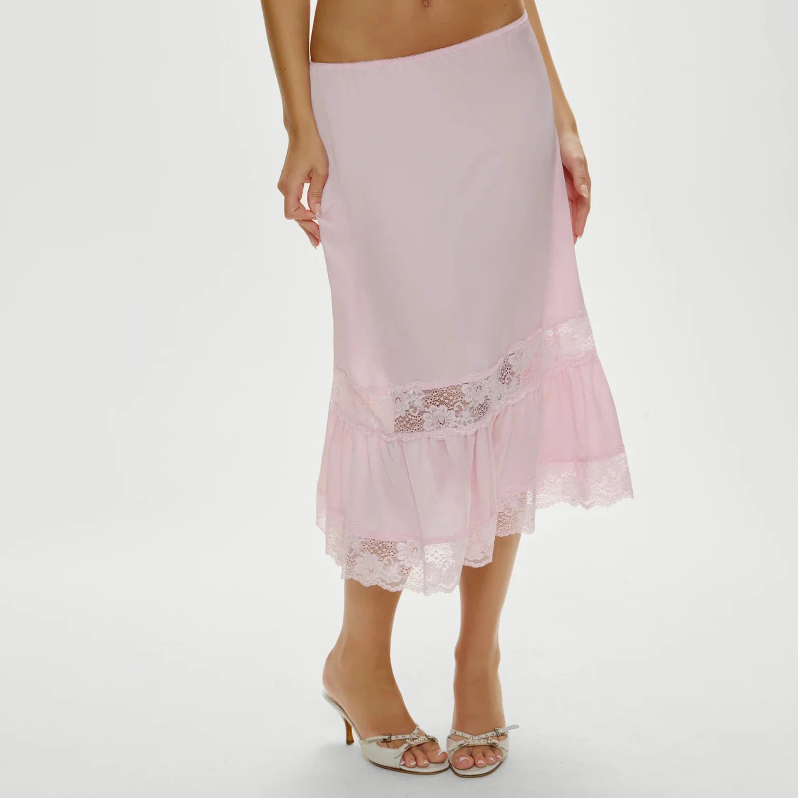 VacationGrabs Women Half Slip Long Skirt Lace Trim Satin Underskirt Elastic Waist Aline Silky Slips Skirt for Under Dress Party Club