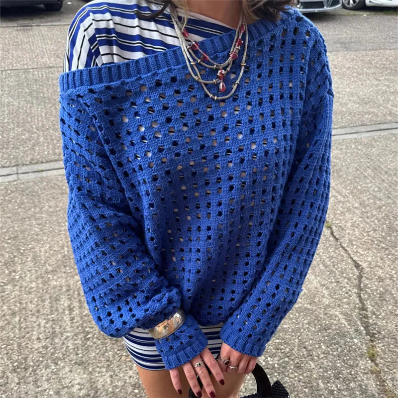 VacationGrabs Women Retro Y2K Hollow Knit Mesh Sweater Off‑Shoulder Slouchy Oversized Pullover Long Sleeve Grunge Vintage Street Tops