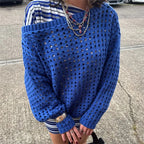 VacationGrabs Women Retro Y2K Hollow Knit Mesh Sweater Off‑Shoulder Slouchy Oversized Pullover Long Sleeve Grunge Vintage Street Tops