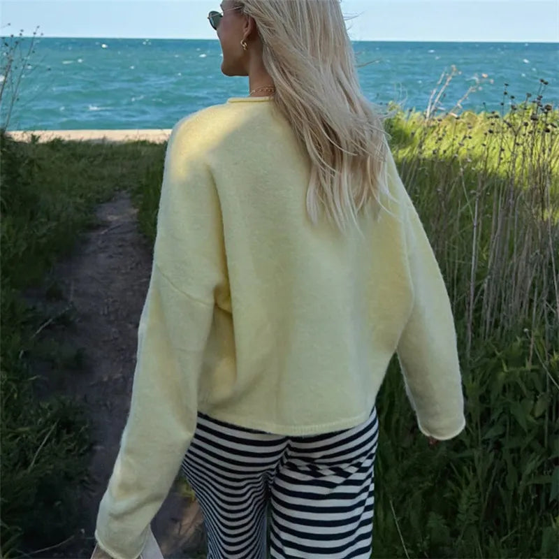 VacationGrabs Solid Knit Pullover Women Loose Drop Shoulder Long Sleeve Crew Neck Short Sweater Minimalist Winter Fall Casual Knitwear