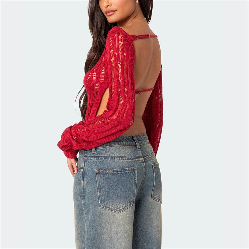 VacationGrabs Women Open Back Knit Top Hollow Out Ripped Sweaters Long Sleeve Distressed Sheer Backless Crochet Crop Tops Vintage