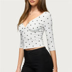 VacationGrabs Women Vintage Polka Dot Crop Top Deep V 3/4 Sleeve Wrap Bust Slim Fitted Short T Shirt Retro Casual Y2K Basic Blouse