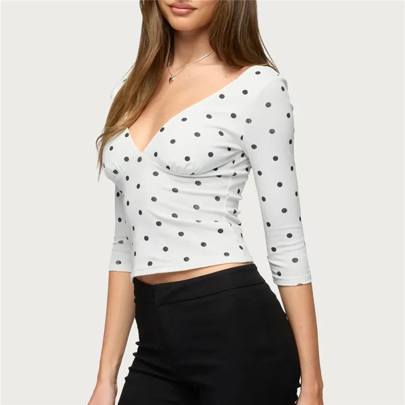 VacationGrabs Women Vintage Polka Dot Crop Top Deep V 3/4 Sleeve Wrap Bust Slim Fitted Short T Shirt Retro Casual Y2K Basic Blouse