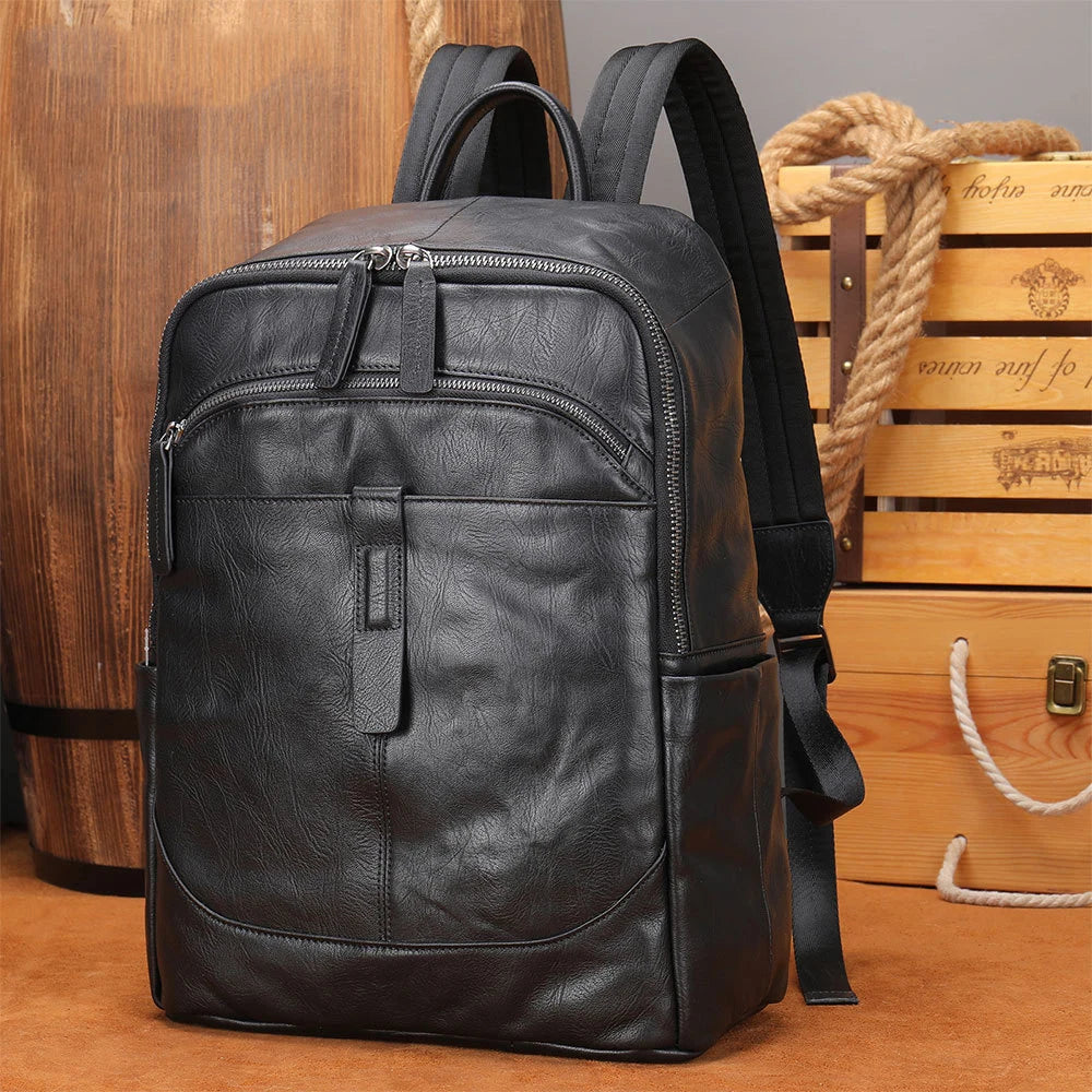 Black Leather Backpack for Men Casual Travel Daypack 14"