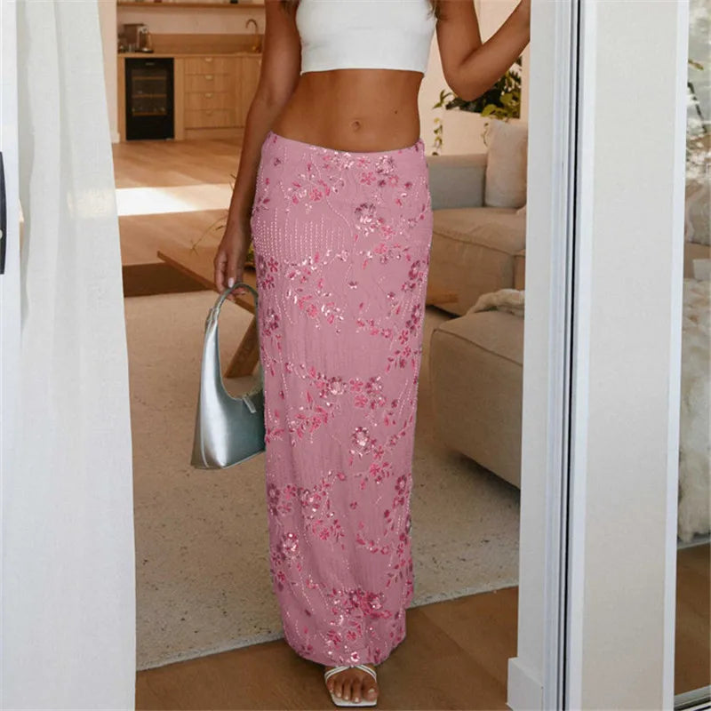 VacationGrabs Women Sequin Beaded Maxi Skirt Y2K Sparkly High Waist Bodycon Skirt Night Out Party Glitter Long Skirt Vacation Clubwear