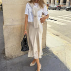 VacationGrabs Women Satin Floral Lace Trim Maxi Skirts Flowy Swing Silky A Line Skirt Y2k Going Out Half Slip Long Skirts