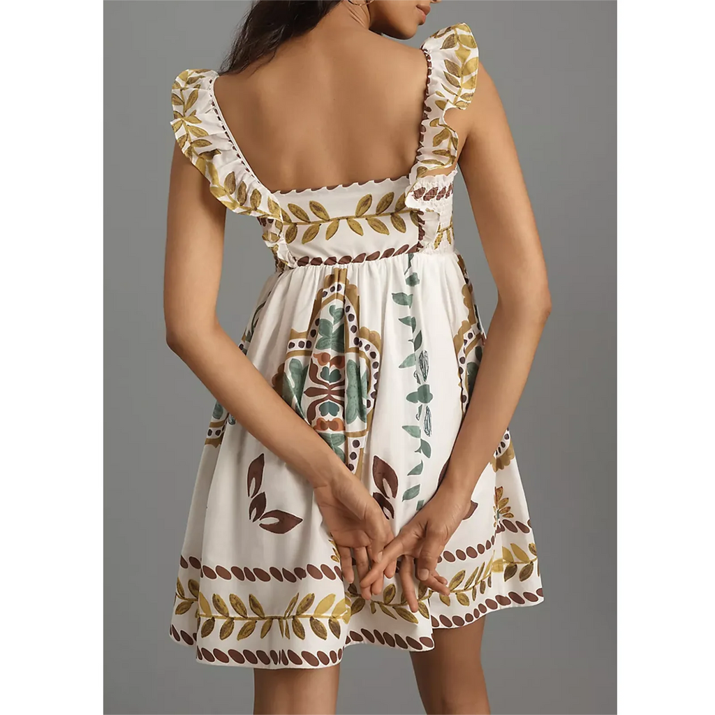 Women's Summer Mini A-Line Dress Ruffle Sleeveless Square Neck Short Flowy Dress Vintage Bohemian Beach Holiday Dress