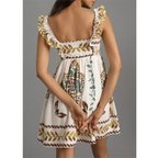 Women's Summer Mini A-Line Dress Ruffle Sleeveless Square Neck Short Flowy Dress Vintage Bohemian Beach Holiday Dress