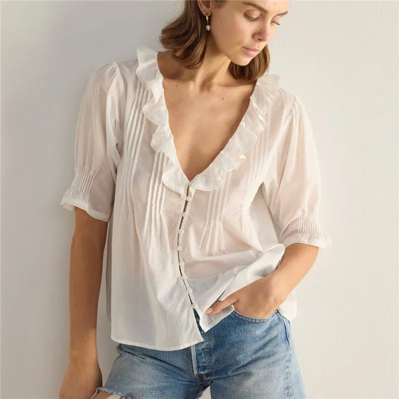 Boho Ruffle Puff Sleeve Blouse for Women Chiffon Lace Trim Button Down Tunic Top Summer Vacation V Neck Peplum Shirts