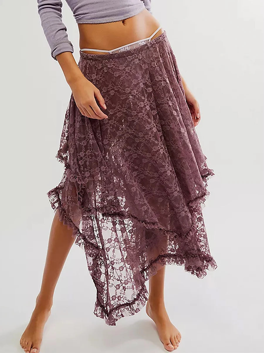 VacationGrabs Floral Lace Long Skirt for Women Y2K Elastic Waist Asymmetrical Layered Maxi Skirt Sexy See Through Flowy Beach Skirt