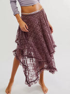 VacationGrabs Floral Lace Long Skirt for Women Y2K Elastic Waist Asymmetrical Layered Maxi Skirt Sexy See Through Flowy Beach Skirt