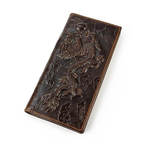 3D Dragon Style Genuine Leather Long Wallet for Men, Bifold Fashion - VacationGrabs