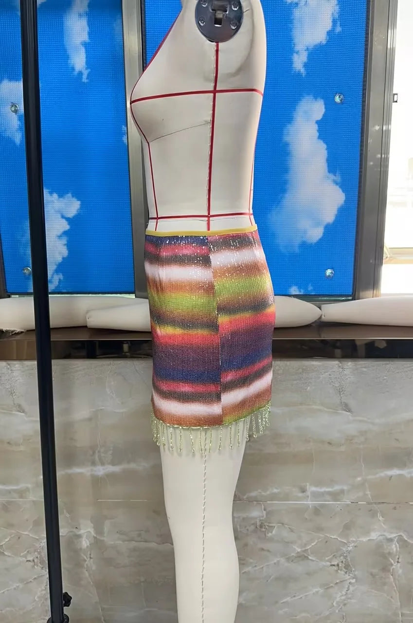 VacationGrabs Women's Y2K Sequined Mini Skirts Fashion Low Waist Rainbow Color Tassel Hem Slim Fit Skirts Short Night Club Dress