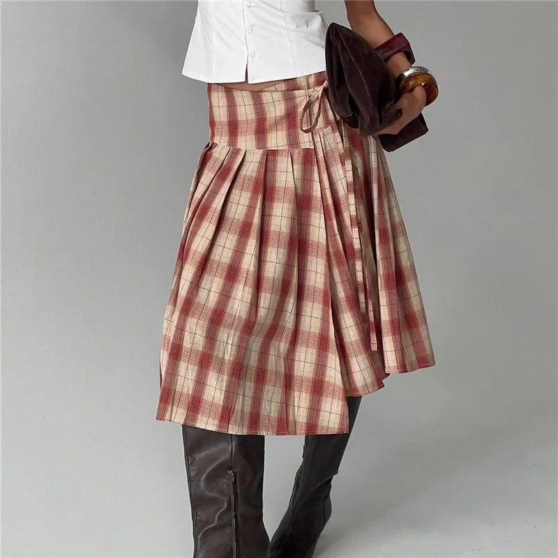 VacationGrabs Women Y2k Lace Up Ruffle Hem A Line Skirt Low Rise Plaid Midi Skirt Vintage Tie Up Gingham Tiered Skirt Streetwear