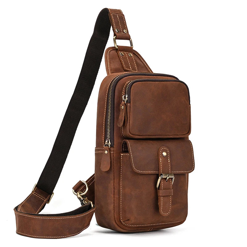 Men's Genuine Leather Chest Bag Leather Big Capacity Crossbody Bag Casual Male Riding Messenger iPad Cell Phone Sling Bag