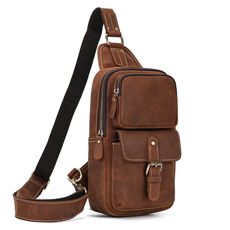 Big Size Leather Chest Bag Crazy Horse Sling Crossbody for Men - VacationGrabs