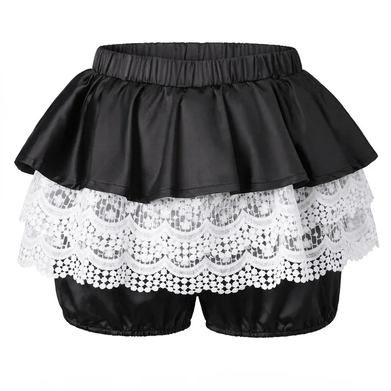 VacationGrabs Lolita Sweet Lace Layered Bloomers Women Elastic High Waist Ruffle Fake Two Piece Skort Lace Hem Casual Cute Short Pants