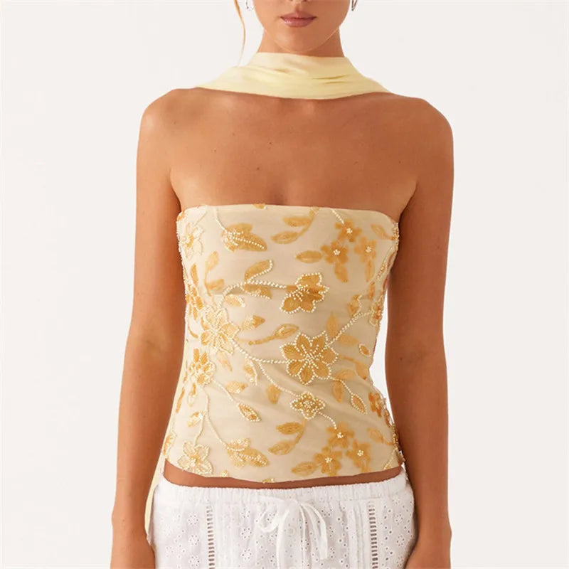VacationGrabs Women Y2K Sequin Tube Top with Scarf Sexy Backless Pearl Embellished Beaded Cami Bling Glitter Rhinestone Camisole