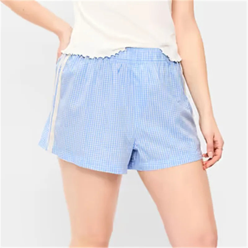 VacationGrabs Cute Women Plaid Sleep Shorts Elastic Waist Side Lace Trim Loose Casual Short Pants Summer Holiday Beach Lounge Wear