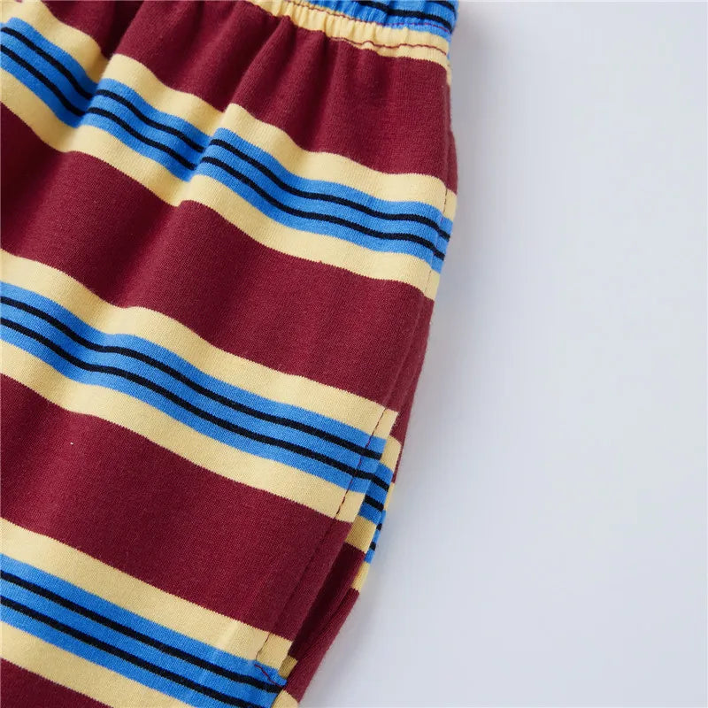 VacationGrabs Striped Two Piece Outfit Women Contrast Trim Oversized Short Sleeve Tee And Elastic Waist Shorts Casual Loungewear Set