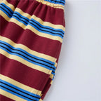 VacationGrabs Striped Two Piece Outfit Women Contrast Trim Oversized Short Sleeve Tee And Elastic Waist Shorts Casual Loungewear Set