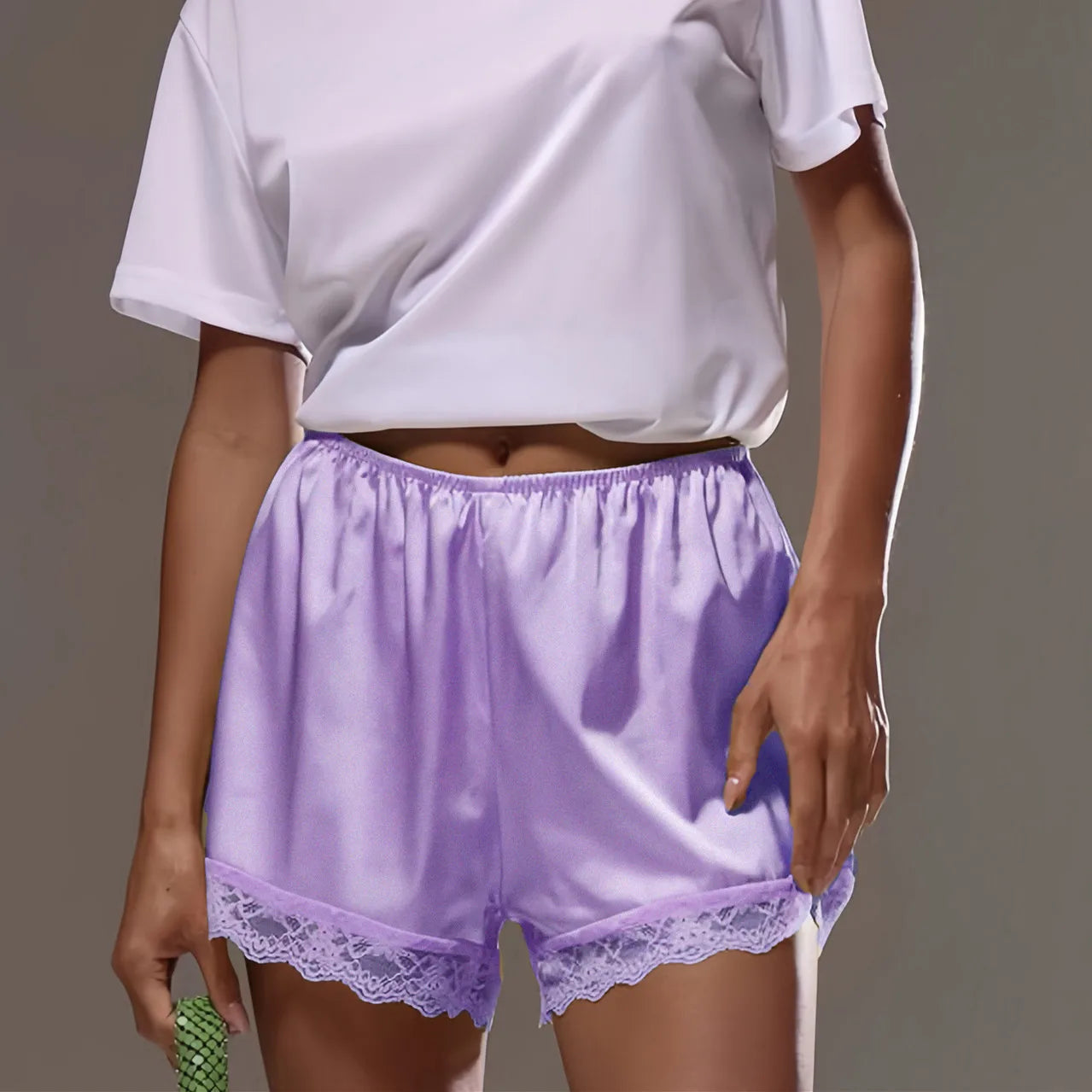 VacationGrabs Lace Trim Satin Shorts for Women Silky Elastic Waist Mini Shorts Casual Lounge French Knickers Slip Boxer Pj Bottoms